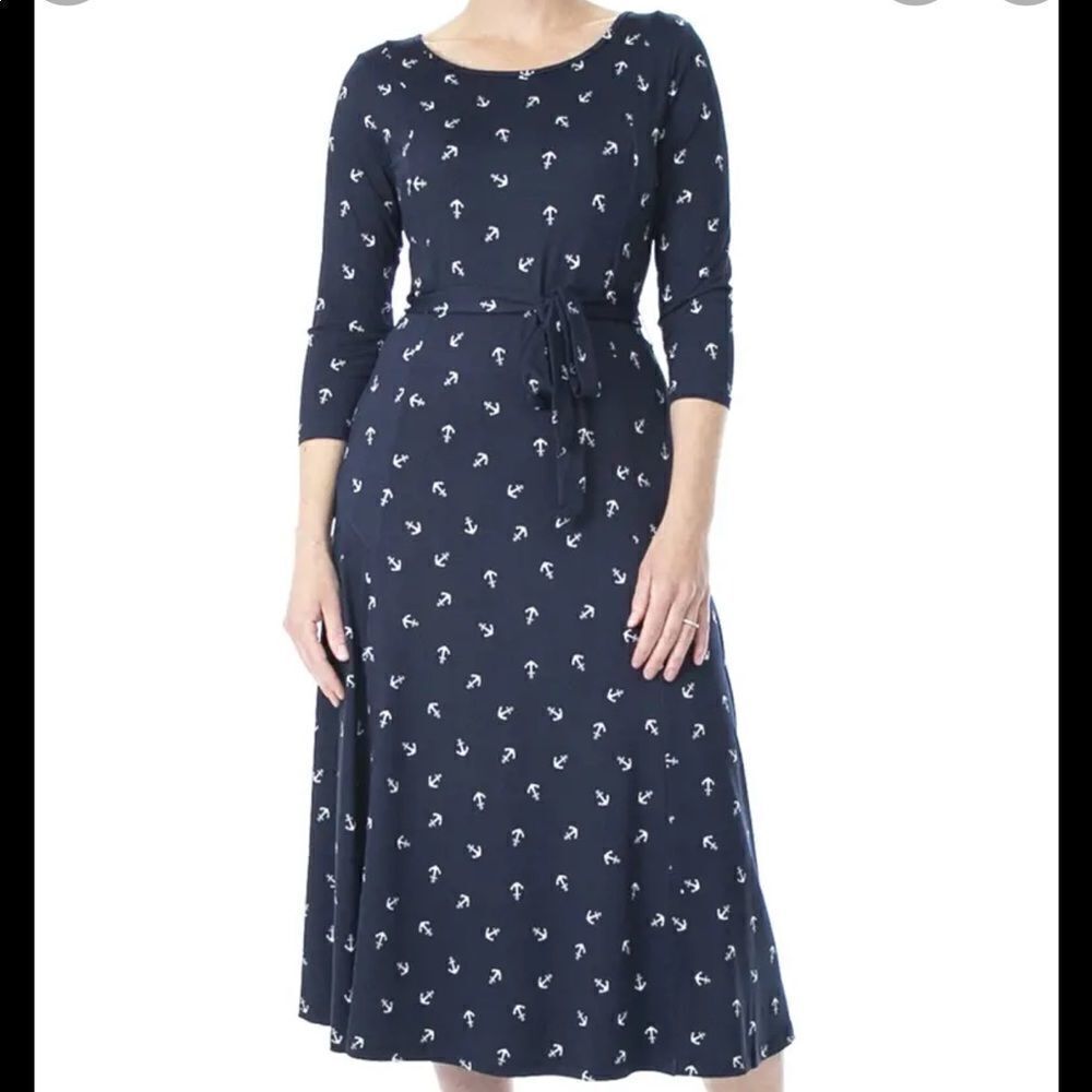 Nina Leonard S Jersey Crew Neck Quarter Sleeve Midi Dress Navy White Lilac Print - Picture 11 of 16